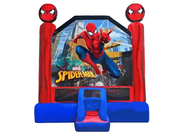 Spider-Man-themed inflatable jumping castle with vibrant design, perfect for kids' superhero parties. Buy high-quality inflatables online in Australia today!