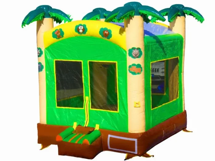 Tropical jungle-themed jumping castle with palm trees, animal prints, and safety entrance. Perfect for kids' parties. Buy online in Australia now!