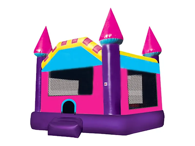 Bright pink and purple castle-themed jumping castle with mesh sides, perfect for kids' parties. Buy online in Australia, affordable and high quality.