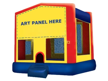 Yellow and red modular jumping castle with customizable art panel, mesh sides, and vibrant design. Buy online in Australia, affordable and durable.