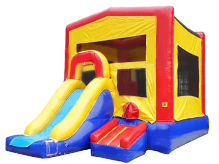 Bright yellow and red jumping castle with attached slide and climbing area, ideal for kids' events. Buy online in Australia, affordable and durable design.