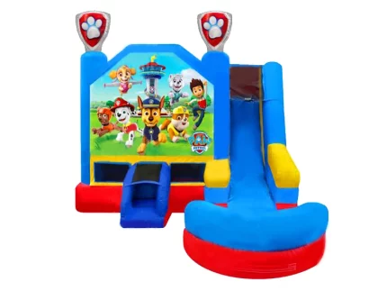 Paw Patrol-themed inflatable combo with jumping area and slide, perfect for kids' parties. Buy high-quality inflatables online in Australia today!