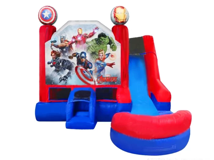 Avengers-themed inflatable combo with jumping area and slide, perfect for superhero parties. Buy high-quality inflatables online in Australia today!