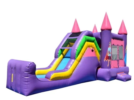 Purple and pink princess-themed jumping castle with tall slide and castle towers. Perfect for kids' parties. Buy online in Australia, high quality and fun!