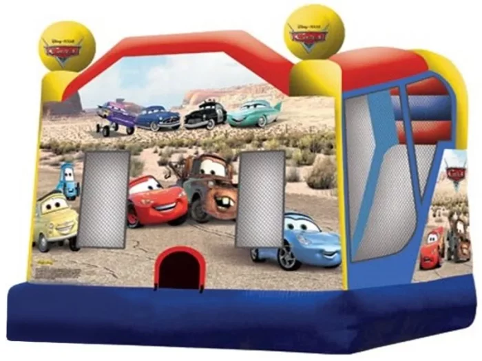 Cars-themed jumping castle with slide and vibrant graphics featuring popular characters. Perfect for kids' events. Buy online in Australia, durable and fun!