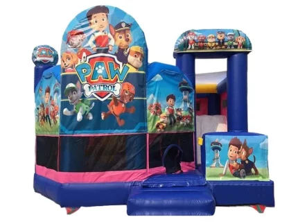 Paw Patrol-themed jumping castle with slide, colorful graphics, and mesh sides. Perfect for kids' parties. Buy online in Australia, durable and fun design!