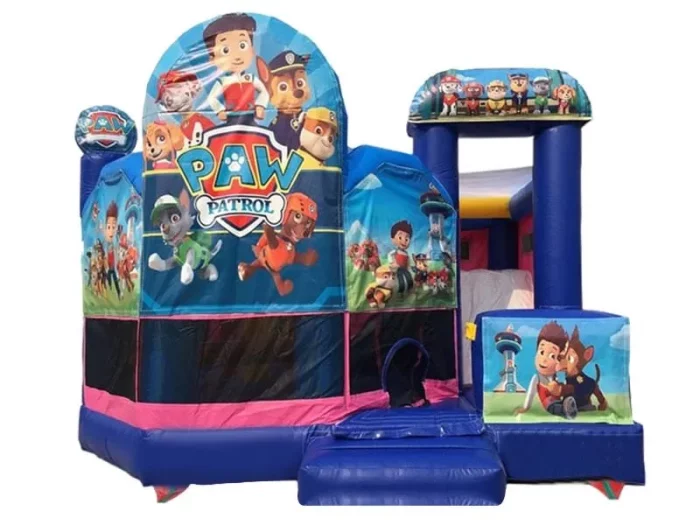 Paw Patrol-themed jumping castle with slide, colorful graphics, and mesh sides. Perfect for kids' parties. Buy online in Australia, durable and fun design!