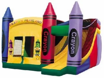 Crayon-themed jumping castle with slide, bright colors, and fun design. Perfect for kids' parties. Buy online in Australia, affordable and durable!