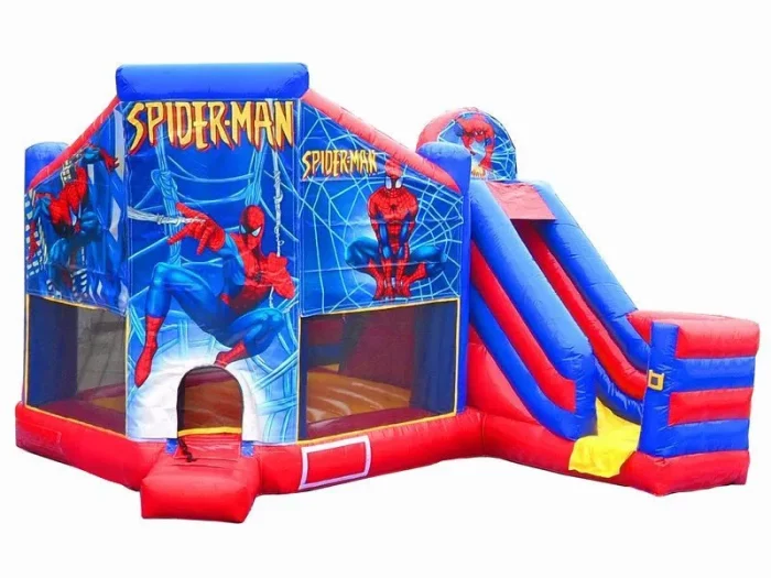 Spider-Man-themed jumping castle with a slide, vibrant web graphics, and mesh sides. Perfect for kids' events. Buy online in Australia, durable and fun!