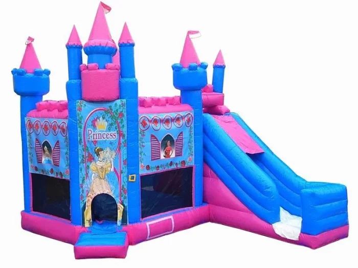 Princess-themed pink and blue jumping castle with tall slide and castle towers. Perfect for parties. Buy online in Australia, fun and durable design!