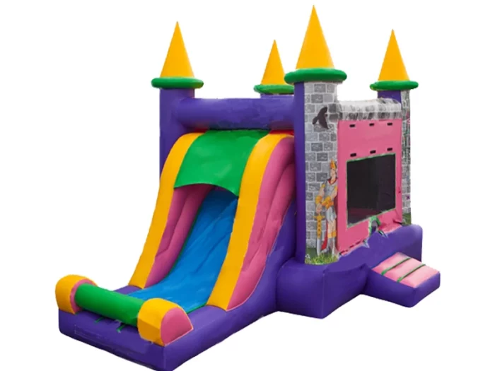 Princess castle-themed inflatable with slide and vibrant colours, perfect for kids' parties. Buy high-quality jumping castles online in Australia today!