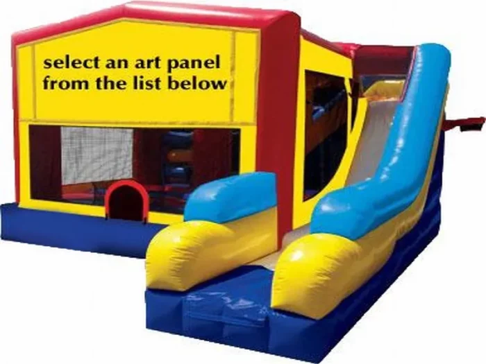 Customizable jumping castle with slide, yellow and red design, and optional art panels. Perfect for events. Buy online in Australia, durable and fun!