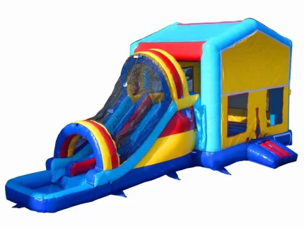 Bright multi-colored jumping castle with an enclosed slide and splash pool. Perfect for parties. Buy online in Australia, durable and fun for kids!