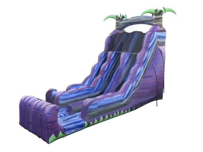 Giant purple tropical water slide with palm tree accents and a wavy design. Perfect for outdoor fun. Buy online in Australia, durable and high quality!