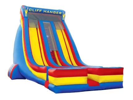 Cliff Hanger inflatable slide with vibrant red, yellow, and blue design. Perfect for events. Buy online in Australia, durable and exciting for all ages!