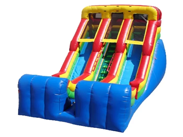 Dual-lane inflatable slide with vibrant red, yellow, blue, and green design. Perfect for events. Buy online in Australia, durable and fun for kids!