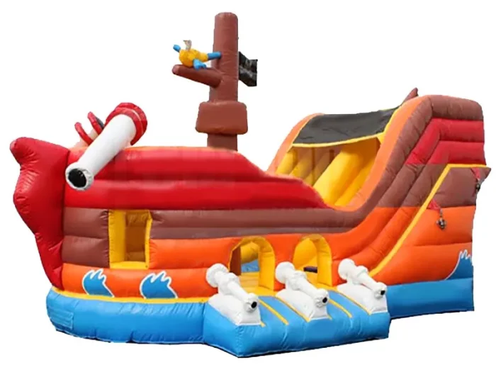 Pirate ship-themed inflatable with slide, cannons, and vibrant design. Perfect for adventurous parties. Buy online in Australia, durable and exciting!