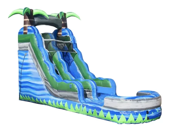 Tropical water slide with palm tree accents, wave design, and splash pool. Perfect for outdoor fun. Buy online in Australia, durable and exciting!