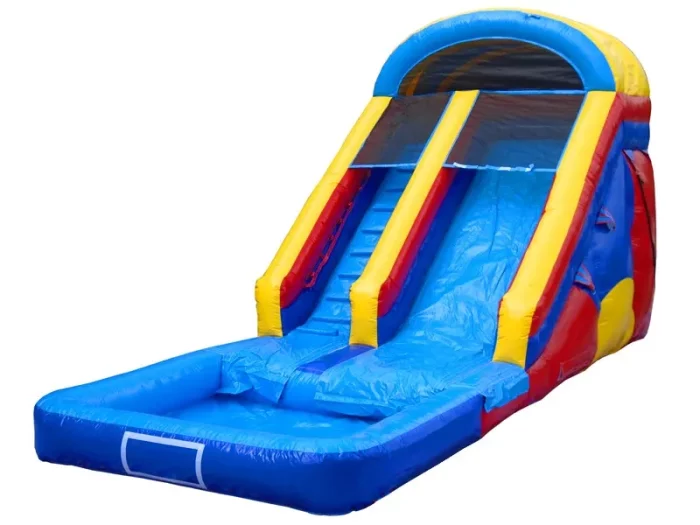 Bright inflatable water slide with a splash pool, vibrant red, yellow, and blue design. Perfect for summer parties. Buy online in Australia, durable and fun!