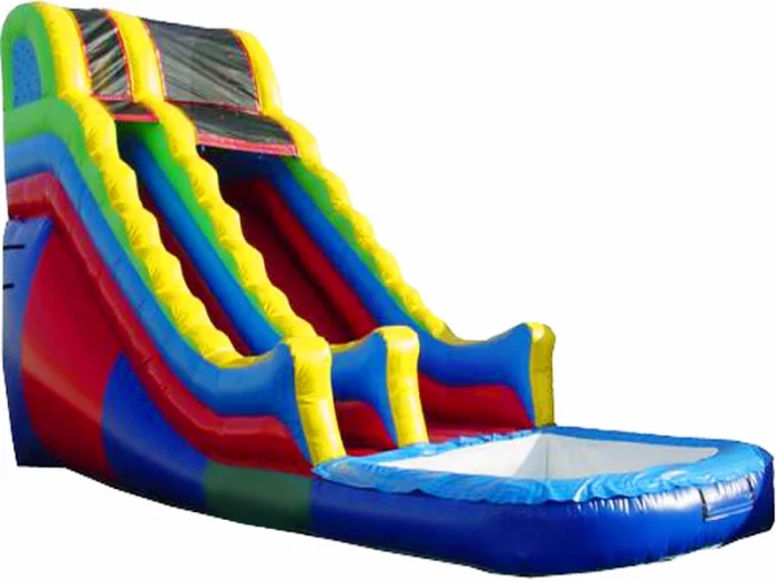 Colourful inflatable water slide with a splash pool, perfect for summer events and parties. Durable and fun. Buy online in Australia today!