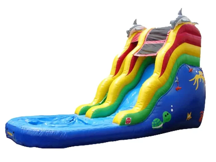 Ocean-themed inflatable water slide with dolphin accents, bright colors, and a splash pool. Perfect for summer fun. Buy online in Australia, durable and exciting!