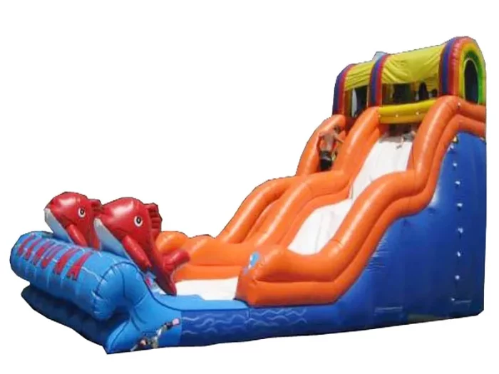 Dolphin-themed inflatable water slide with dual orange lanes and splash pool. Perfect for summer events. Buy online in Australia, durable and fun!