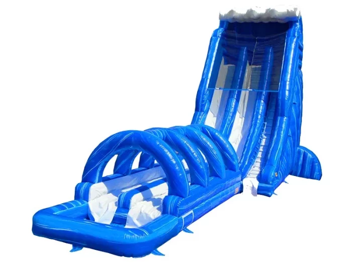 Giant blue wave-themed inflatable water slide with tunnel and splash pool. Perfect for summer fun. Buy online in Australia, durable and thrilling!