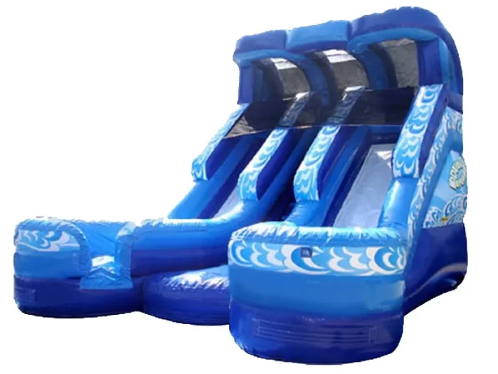 Dual-lane wave-themed inflatable water slide with splash pools and vibrant blue design. Perfect for events. Buy online in Australia, durable and fun!