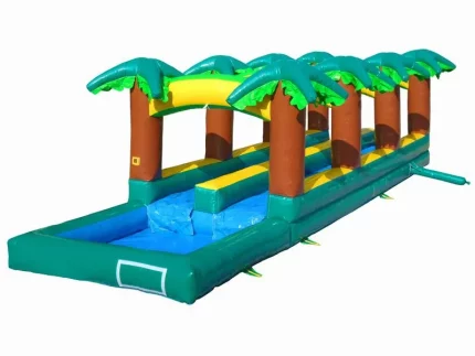 Tropical slip-and-slide with palm tree design, dual lanes, and splash pool. Perfect for summer parties. Buy online in Australia, durable and fun!