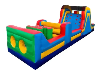 Colorful inflatable obstacle course with climbing wall, tunnels, and challenges. Perfect for events. Buy online in Australia, durable and exciting fun!