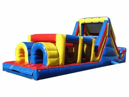 Inflatable obstacle course with tunnels, climbing wall, and slide in vibrant red, yellow, and blue. Perfect for events. Buy online in Australia, durable and fun!