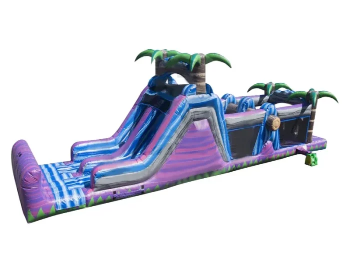 Buy tropical-themed jumping castle with slide, palm tree design, and obstacle course. Perfect for events. Affordable online sale in Australia.