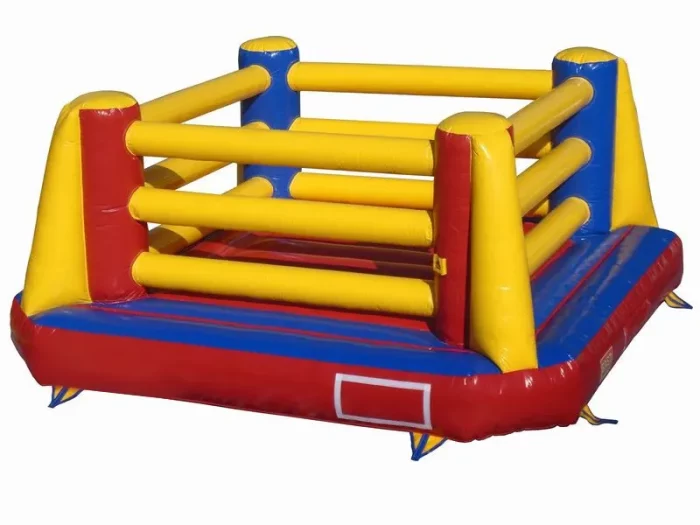 Inflatable boxing ring in red, yellow, and blue. Fun and safe for parties and events. Buy high-quality jumping castles online in Australia today!