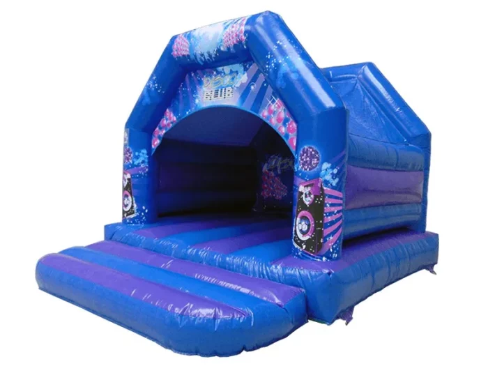 "Disco-themed inflatable jumping castle with vibrant blue design and music graphics, perfect for parties. Buy high-quality inflatables online in Australia today!