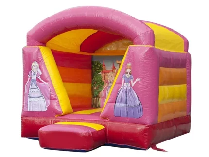 Princess-themed inflatable jumping castle with vibrant pink and yellow design, perfect for kids' parties. Buy high-quality inflatables online in Australia today!