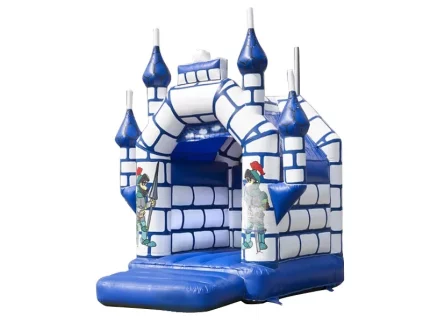 Knight-themed inflatable jumping castle with blue and white castle design, perfect for kids' medieval parties. Buy high-quality inflatables online in Australia today!