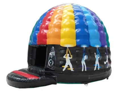 Rainbow disco dome inflatable with music-themed design, perfect for parties and events. Fun and vibrant. Buy online in Australia today!