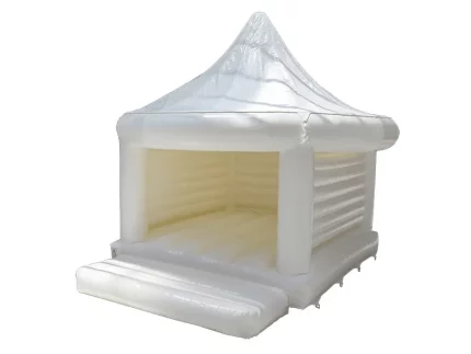 White inflatable jumping castle with elegant tent design, perfect for weddings, parties, and events. Buy stylish inflatables online in Australia today!