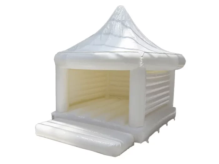 White inflatable jumping castle with elegant tent design, perfect for weddings, parties, and events. Buy stylish inflatables online in Australia today!