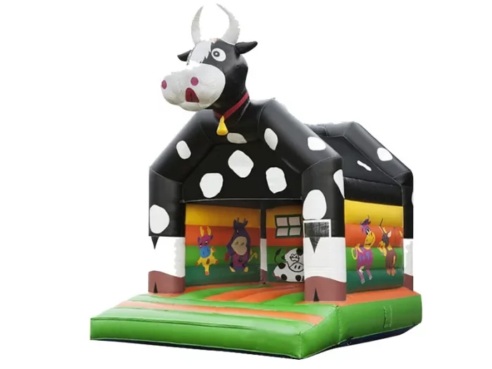 Cow-themed inflatable jumping castle with farmyard design, perfect for kids' parties and events. Buy high-quality inflatables online in Australia today!