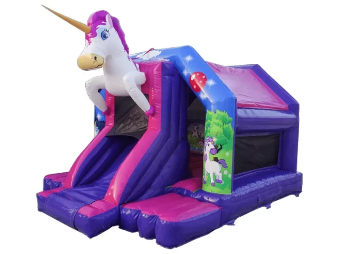 Unicorn-themed inflatable jumping castle with slide and vibrant pink and purple design, perfect for magical kids' parties. Buy online in Australia today!