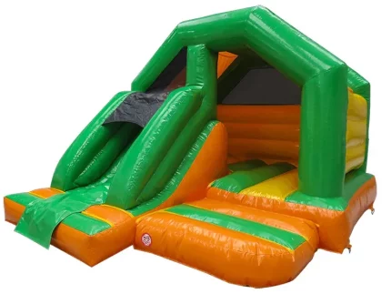 Green and orange inflatable jumping castle with slide, perfect for kids' parties and events. Durable and fun. Buy online in Australia today!