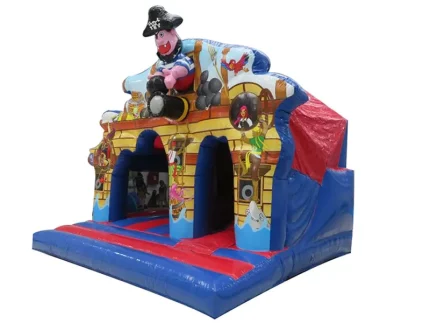 Pirate-themed inflatable jumping castle with colorful ship design, perfect for kids' parties. Buy high-quality inflatables online in Australia today!