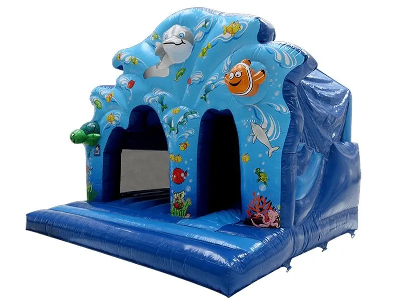 Underwater-themed inflatable jumping castle with marine animal designs, perfect for kids' parties and events. Buy online in Australia today!