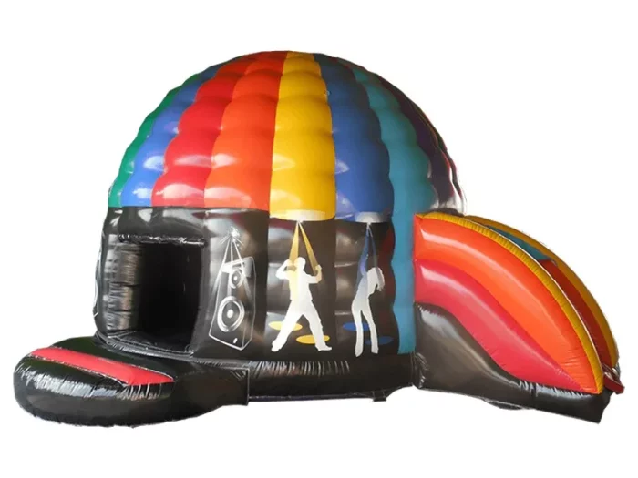 Rainbow inflatable disco dome with built-in speakers and dance graphics, perfect for parties. High-quality entertainment. Buy online in Australia now!