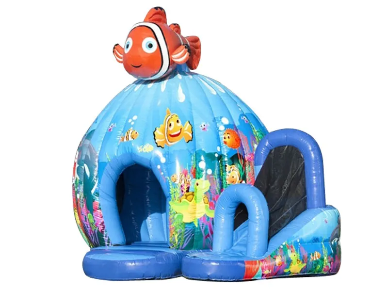 Clownfish-themed inflatable dome with slide and underwater designs, perfect for kids' parties. Durable and fun. Buy online in Australia today!