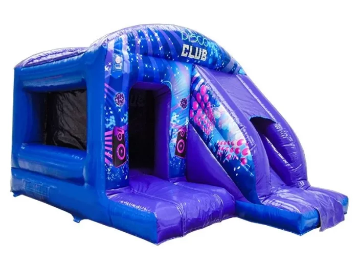 Disco-themed inflatable jumping castle with slide and vibrant blue design. Perfect for kids' parties. Buy durable, high-quality inflatables online in Australia!