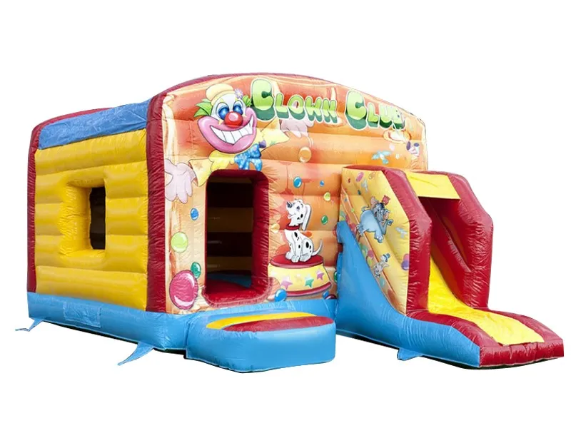 Clown-themed inflatable jumping castle with slide, vibrant colors, and fun graphics. Ideal for kids' parties. Buy high-quality inflatables online in Australia!