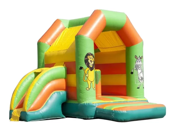 Safari-themed inflatable jumping castle with slide, featuring lion and zebra design. Perfect for kids' events. Buy high-quality inflatables online in Australia!