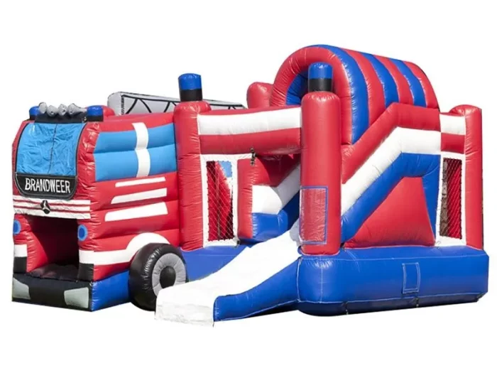 Fire truck-themed inflatable jumping castle with slide, vibrant red, blue, and white design. Perfect for kids' parties. Buy online in Australia today!